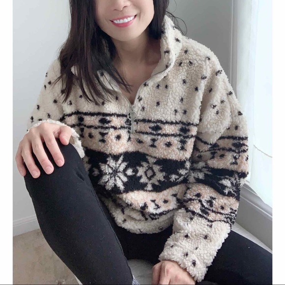 SHERPA HALF ZIP PULLOVER SWEATER - BEIGE - Picture 2 of 10